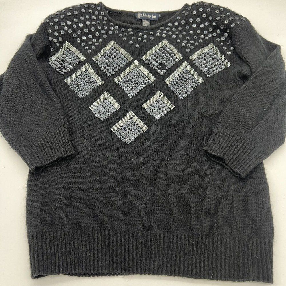 Le Chois VTG beaded black sweater silk nylon angora wool blend size medium